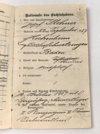 Kaiserliche Marine, Militärpaß eines badischen...