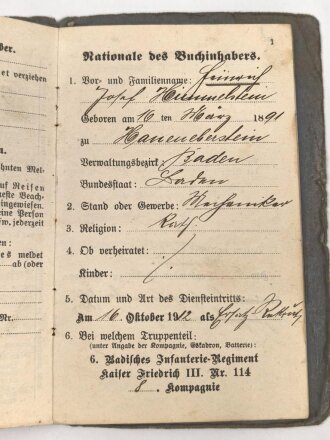 Baden, Militärpaß eines Angehörigen im Infanterie Regiment Nr. 114. Ab 1914 Brückenschutz Markolsheim,
