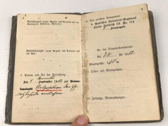 Baden, Militärpaß eines Angehörigen im Infanterie Regiment Nr. 114. Ab 1914 Brückenschutz Markolsheim,