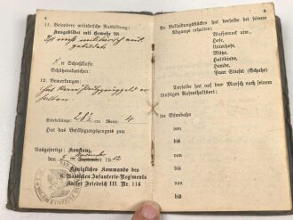 Baden, Militärpaß eines Angehörigen im Infanterie Regiment Nr. 114. Ab 1914 Brückenschutz Markolsheim,
