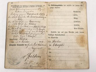 Feldzug 1870/71, Militär Paß eines Angehörigen im Garde Feld Artillerie Regiment, ausgehoben im Kreise Elberfeld 1869. Kriegsdenkmünze 1870/71, hat an folgenden Schlachten teilgenommen St.Privat, Metz, Beaumont, Sedan. Übergetreten zur Landwehr 1876.