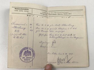 "Dem tapferen Bleiler" Baden, Militärpaß eines Angehörigen Infanterie Regiment 170. Ab 1916 Fernsprech Abteilung des XVI. Armeekorps versetzt, Frankreichfeldzug bei Divisions Funker Abteilung 40.
