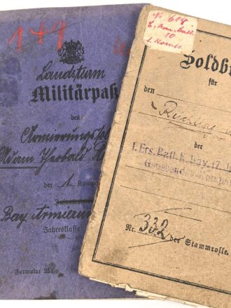 Bayern,  Militärpaß und Soldbuch eines Angehörigen Armierungs Batl. Nr. 1. am 11.8.15 wegen Krankheit zur Krankenabteilung Gent überwiesen, Kriegslazarett Stenay, zurückgestellt, ab 1918 zur Arbeitsleistung bei BASF Ludwigshafen