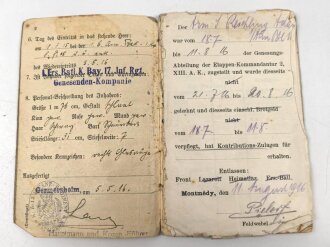Bayern,  Militärpaß und Soldbuch eines Angehörigen Armierungs Batl. Nr. 1. am 11.8.15 wegen Krankheit zur Krankenabteilung Gent überwiesen, Kriegslazarett Stenay, zurückgestellt, ab 1918 zur Arbeitsleistung bei BASF Ludwigshafen