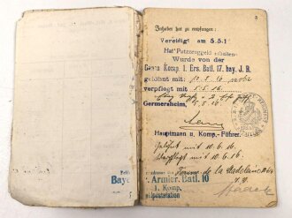 Bayern,  Militärpaß und Soldbuch eines Angehörigen Armierungs Batl. Nr. 1. am 11.8.15 wegen Krankheit zur Krankenabteilung Gent überwiesen, Kriegslazarett Stenay, zurückgestellt, ab 1918 zur Arbeitsleistung bei BASF Ludwigshafen