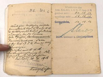 Bayern,  Militärpaß und Soldbuch eines Angehörigen Armierungs Batl. Nr. 1. am 11.8.15 wegen Krankheit zur Krankenabteilung Gent überwiesen, Kriegslazarett Stenay, zurückgestellt, ab 1918 zur Arbeitsleistung bei BASF Ludwigshafen