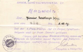 Bayrische Schützen Brigade 21, Konvolut Papiere eines Angehörigen, unter anderem Vorläufiges Besitzzeugnis zum Tragen des Korpsabzeichen