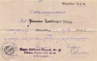 Bayrische Schützen Brigade 21, Konvolut Papiere eines Angehörigen, unter anderem Vorläufiges Besitzzeugnis zum Tragen des Korpsabzeichen