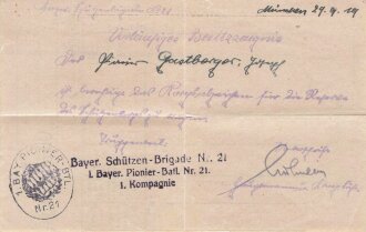 Bayrische Schützen Brigade 21, Konvolut Papiere eines Angehörigen, unter anderem Vorläufiges Besitzzeugnis zum Tragen des Korpsabzeichen