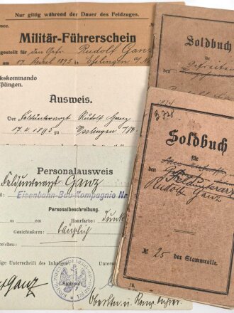 Württemberg, Militär Führerschein und zwei Soldbücher eines Angehörigen im Kraftfahrbatl. , Eisernes Kreuz 2. Klasse