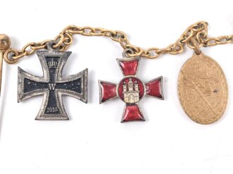 Frackkettchen mit Miniaturen , Eisernes Kreuz 2. Klasse 1914, Hanseatenkreuz Hamburg, Kyffhäuser Kriegsdenkmünze 1914-18