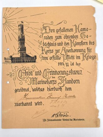 Ehren- und Erinnerungskreuz Marinekorps Flandern, Verleihungsurkunde Maße etwa 22 x 29cm, defekt