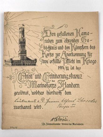 Ehren- und Erinnerungskreuz Marinekorps Flandern, Verleihungsurkunde Maße etwa 23 x 28cm, ausgestellt auf einen Angehörigen der Flieger Truppe
