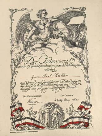 Verleihungsurkunde für die "Deutsche Ehrendenkmünze des Weltkrieges " 25,5 x 36,5cm