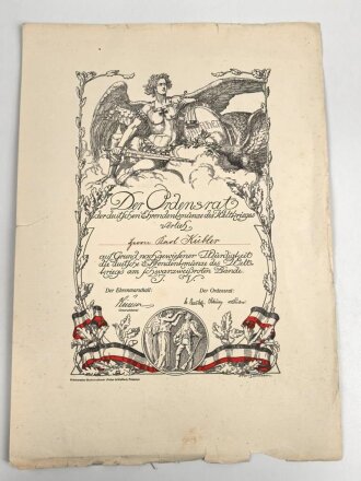 Verleihungsurkunde für die "Deutsche Ehrendenkmünze des Weltkrieges " 25,5 x 36,5cm