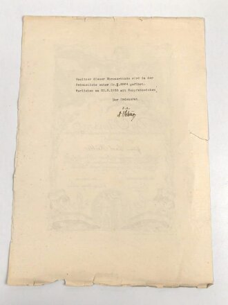 Verleihungsurkunde für die "Deutsche Ehrendenkmünze des Weltkrieges " 25,5 x 36,5cm