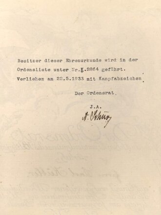 Verleihungsurkunde für die "Deutsche Ehrendenkmünze des Weltkrieges " 25,5 x 36,5cm