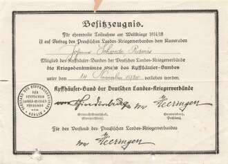 Kyffhäuserbund,  Verleihungsurkunde zur Kriegsdenkmünze 1914-18