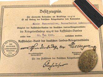 Kyffhäuserbund,  Verleihungsurkunde zur Kriegsdenkmünze 1914-18, dazu die Denkmünze mit beiliegendem Band