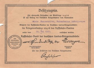 Kyffhäuserbund,  Verleihungsurkunde zur Kriegsdenkmünze 1914-18, dazu die Denkmünze mit beiliegendem Band