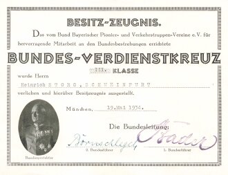 Besitz Zeugnis zum Bundes Verdienstkreuz III.Klasse  vom...