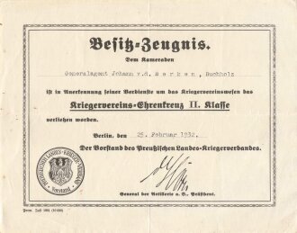 Besitzzeugnis zum Kriegervereins Ehrenkreuz II.Klasse des preußischen Landes Kriegerverbandes., ausgestellt 1932