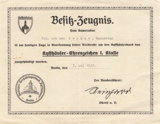 Besitzzeugnis zum Kyffhäuser Ehrenzeichen 1. Klasse,...