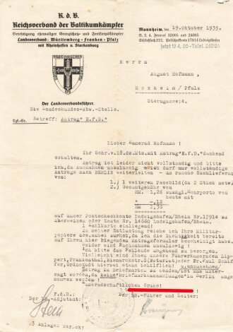 Reichsverband der Baltikumkämpfer R.d.B. Anschreiben datiert 1935