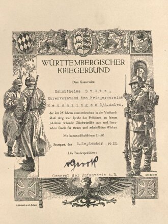 Württembergischer Kriegerbund, Glückwunschurkunde auf Schmuckblatt. Maße 24 x 28cm