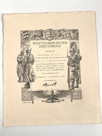 Württembergischer Kriegerbund, Glückwunschurkunde auf Schmuckblatt. Maße 24 x 28cm