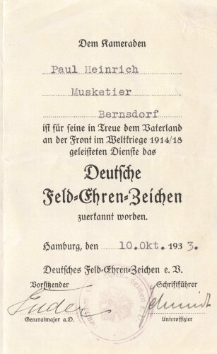 Besitzzeugnis für Deutsches Feld Ehrenzeichen,...