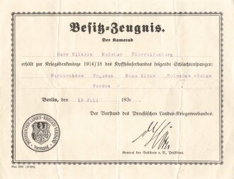 Kyffhäuserbund, Besitzzeugnis zu folgeneden Schlachtenspangen "Narotschsee" "Vogesen" "Maas Aisne" "Soissons- Reims" "Verdun"  zur Kriegsdenkmünze 1914-18