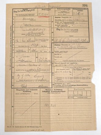 Luftwaffe, Wehrstammbuch eines Angehörigen zunächst Flieger Ausbildungs Regiment 53 Straubing, Flugzeugführerschule Prag, zuletzt Fliegerhorstkommandantur E24/IV.