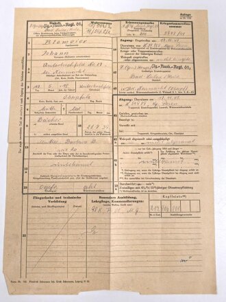 Luftwaffe, Wehrstammbuch eines Angehörigen zunächst Flieger Ausbildungs Regiment 53 Straubing, Flugzeugführerschule Prag, zuletzt Fliegerhorstkommandantur E24/IV.