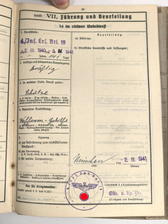 Heer, Wehrstammbuch eines zunächst Angehörigen Infanterie Ersatz Btl 19 München, danach weitere Infanteristische Einheiten, Heereswaffenmeisterschule, zuletzt Beobachtungs Ersatz und Ausbildungs Abteilung 7.