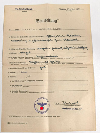 Heer, Wehrstammbuch eines zunächst Angehörigen Infanterie Ersatz Btl 19 München, danach weitere Infanteristische Einheiten, Heereswaffenmeisterschule, zuletzt Beobachtungs Ersatz und Ausbildungs Abteilung 7.