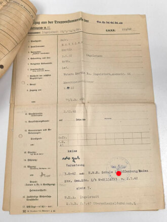 Heer, Wehrstammbuch eines zunächst Angehörigen Infanterie Ersatz Btl 19 München, danach weitere Infanteristische Einheiten, Heereswaffenmeisterschule, zuletzt Beobachtungs Ersatz und Ausbildungs Abteilung 7.