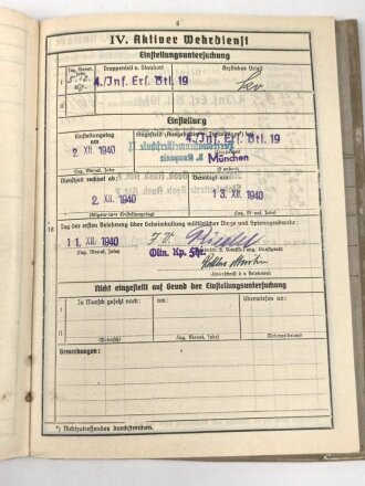 Heer, Wehrstammbuch eines zunächst Angehörigen Infanterie Ersatz Btl 19 München, danach weitere Infanteristische Einheiten, Heereswaffenmeisterschule, zuletzt Beobachtungs Ersatz und Ausbildungs Abteilung 7.