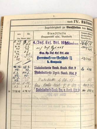 Heer, Wehrstammbuch eines zunächst Angehörigen Infanterie Ersatz Btl 19 München, danach weitere Infanteristische Einheiten, Heereswaffenmeisterschule, zuletzt Beobachtungs Ersatz und Ausbildungs Abteilung 7.