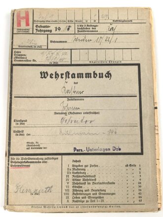 Heer , Wehrstammbuch eines Angehörigen zunächst...