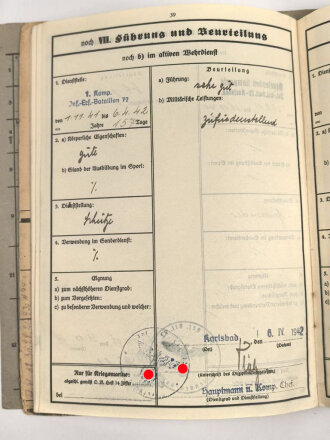 Heer , Wehrstammbuch eines Angehörigen zunächst Infanterie Ersatz Batl. 72 Karlsbad, danach etliche weitere Einheiten, zuletzt Panzer Grenadier Sturmbtl 2. Panzerarmee. Besetzung des Departemets Indre et Loire , Ende 1943 Bekämpfung der Bandenbewegung im