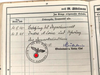 Heer , Wehrstammbuch eines Angehörigen zunächst Infanterie Ersatz Batl. 72 Karlsbad, danach etliche weitere Einheiten, zuletzt Panzer Grenadier Sturmbtl 2. Panzerarmee. Besetzung des Departemets Indre et Loire , Ende 1943 Bekämpfung der Bandenbewegung im