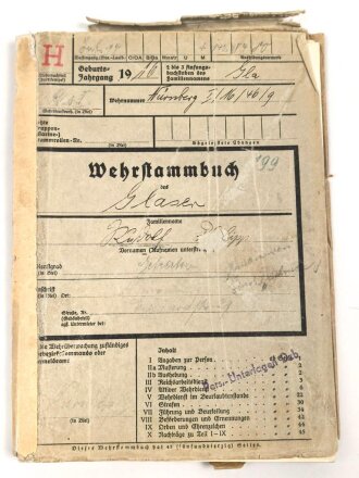 Heer, Wehrstammbuch eines Angehörigen zunächst MG Batl. 47 Würzburg, später unter anderem Panzerjäger Ersatz Abteilung 10, Grenadier Ers. btl 55, zuletzt Panzerjäger Abteilung 218.