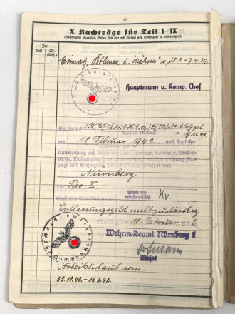 Heer, Wehrstammbuch eines Angehörigen zunächst MG Batl. 47 Würzburg, später unter anderem Panzerjäger Ersatz Abteilung 10, Grenadier Ers. btl 55, zuletzt Panzerjäger Abteilung 218.