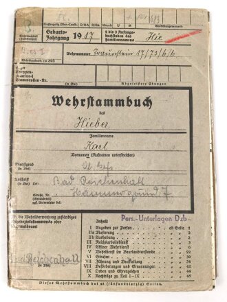 Luftwaffe, Wehrstammbuch eines Angehörigen zunächst Fliegerausbildungsregiment 23 Kaufbeuren, dann unter anderem Aufklärungsstaffel 4, Kampfgeschwader 51.
