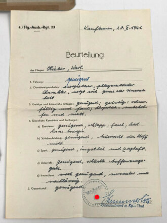 Luftwaffe, Wehrstammbuch eines Angehörigen zunächst Fliegerausbildungsregiment 23 Kaufbeuren, dann unter anderem Aufklärungsstaffel 4, Kampfgeschwader 51.