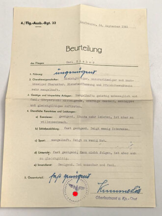 Luftwaffe, Wehrstammbuch eines Angehörigen zunächst Fliegerausbildungsregiment 23 Kaufbeuren, dann unter anderem Aufklärungsstaffel 4, Kampfgeschwader 51.