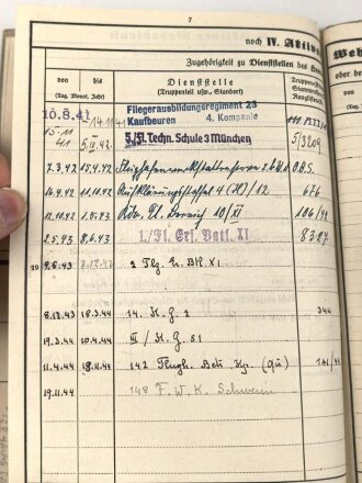 Luftwaffe, Wehrstammbuch eines Angehörigen zunächst Fliegerausbildungsregiment 23 Kaufbeuren, dann unter anderem Aufklärungsstaffel 4, Kampfgeschwader 51.