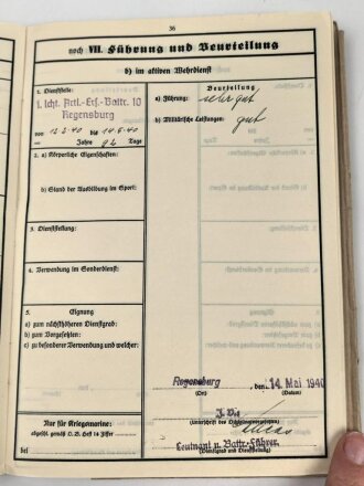 Heer, Wehrstammbuch eines Angehörigen zunächst Artillerie Ersatz Abteilung Regensburg, danach weitere Artillereinheiten, Rußlandfeldzug, eingetragene Ostmedaille.