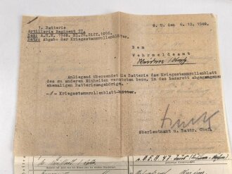 Heer, Wehrstammbuch eines Angehörigen zunächst Artillerie Ersatz Abteilung Regensburg, danach weitere Artillereinheiten, Rußlandfeldzug, eingetragene Ostmedaille.